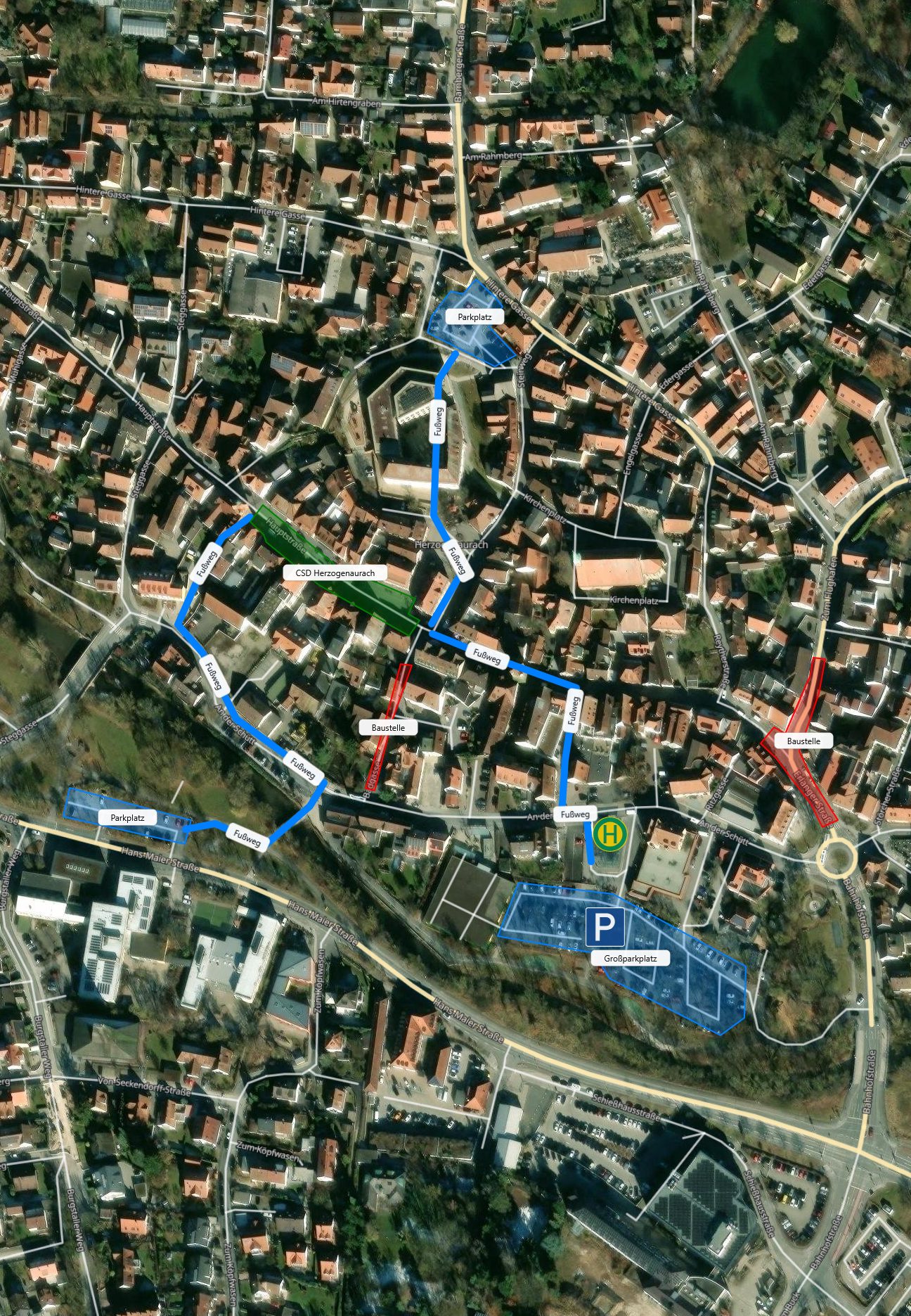 Lageplan CSD Herzogenaurach mit Fußwegen und Parkplätzen